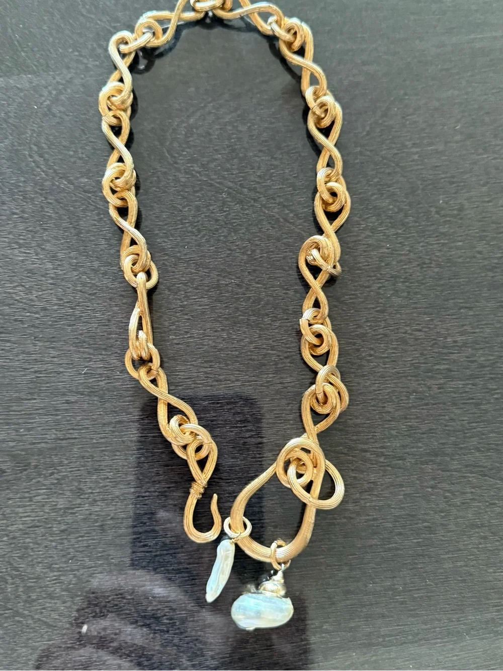 Gold-Tone Knot Link Necklace with Irregular Pearl Drops